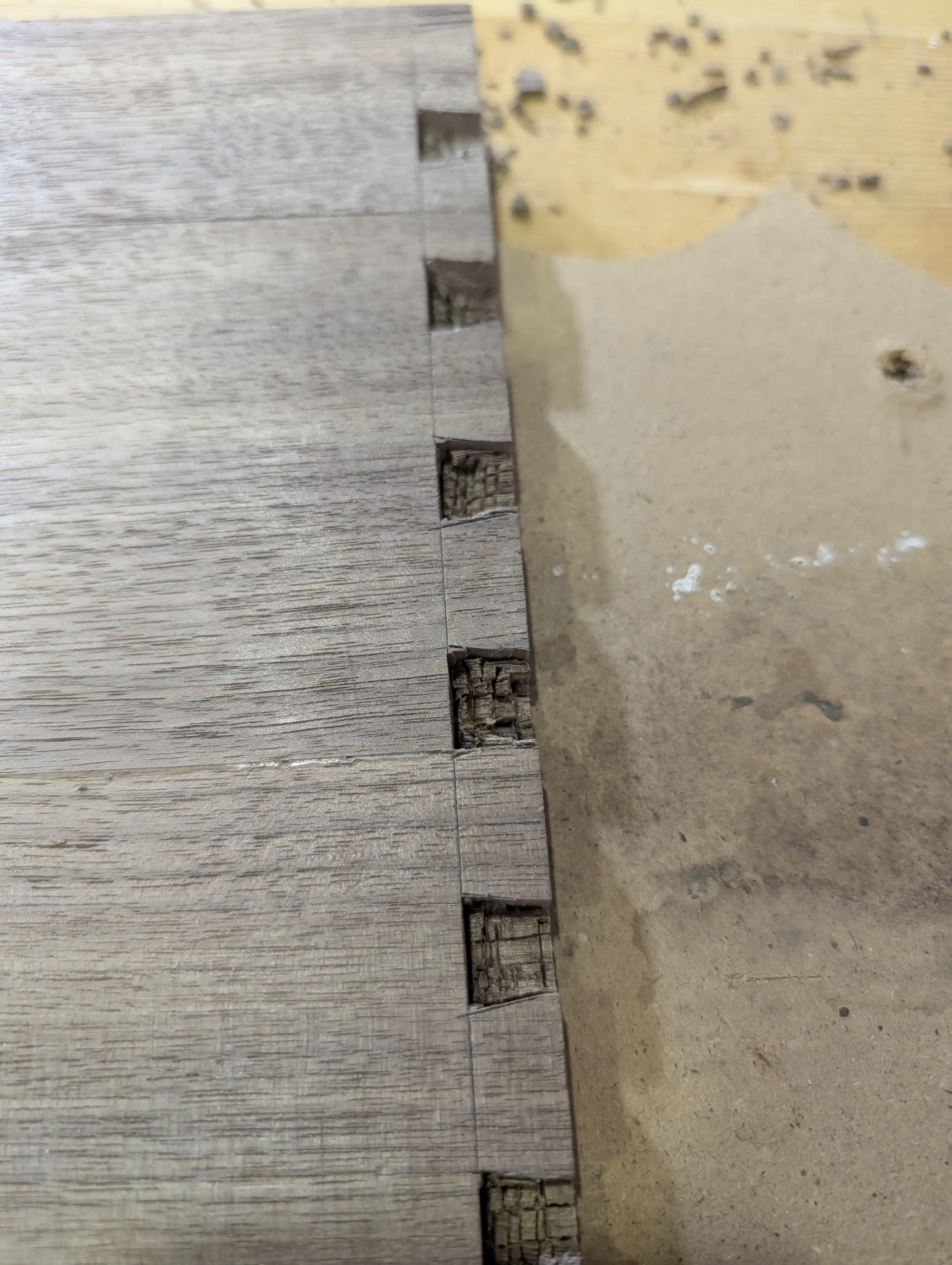 Partially cut tails on a woarkbench.